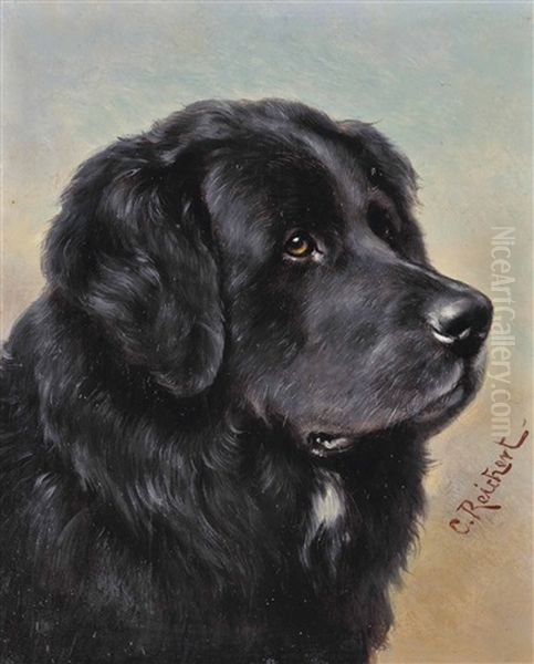 A Newfoundland (+ A Setter; Pair) Oil Painting by Carl Reichert