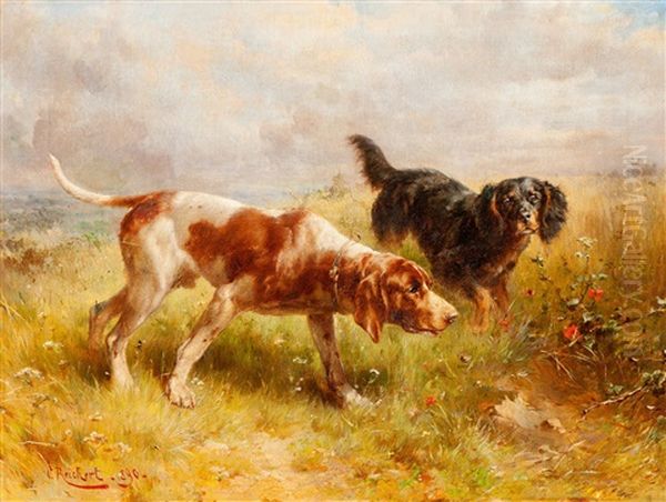 Zwei Jagdhunde Auf Der Pirsch Oil Painting by Carl Reichert