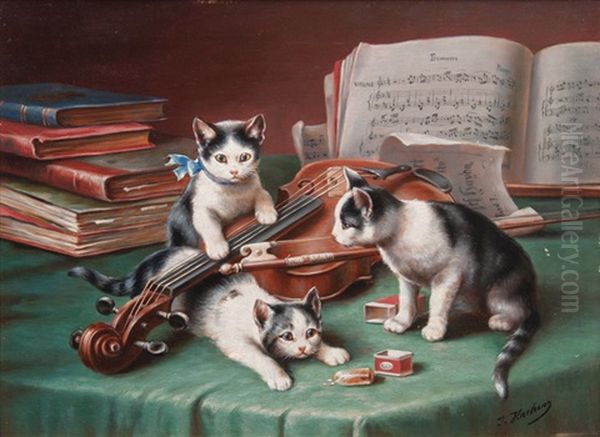 Kittens And Violin Oil Painting by Carl Reichert