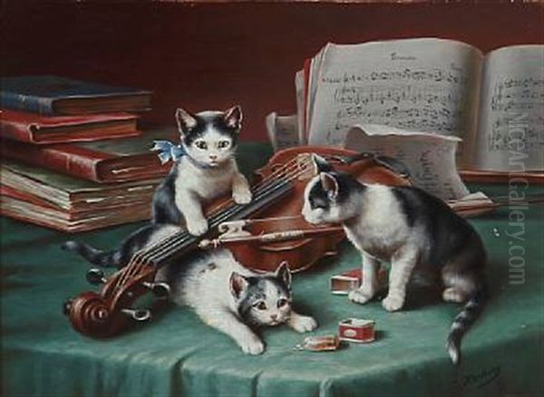 Three Kittens Are Playing With The Musicians Violin Oil Painting by Carl Reichert