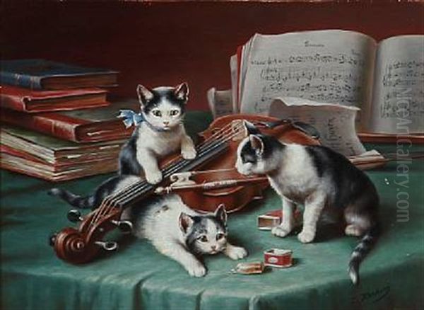 Three Kittens Are Playing With The Musicians Violin Oil Painting by Carl Reichert