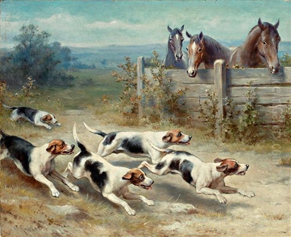 Jack-russell-meute Auf Der Jagd, Hinter Hag Drei Pferde Oil Painting by Carl Reichert