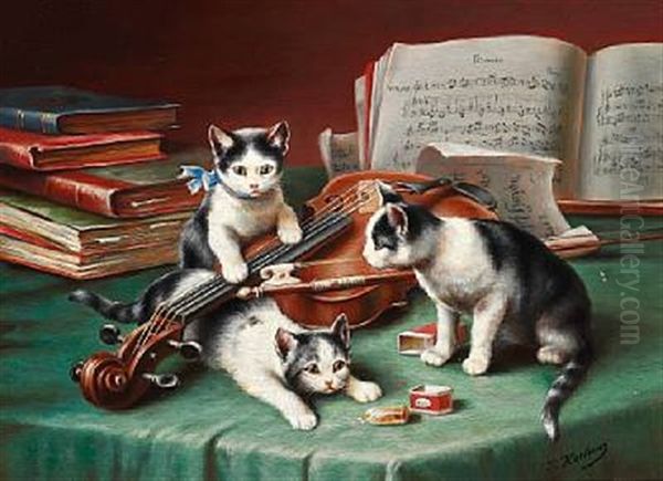 Three Kittens Are Playing With The Musicians Violin Oil Painting by Carl Reichert