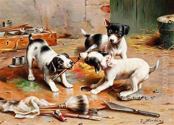 Three Puppies Are Playing With The Artist's Paintbrush, Palette And Colors Oil Painting by Carl Reichert