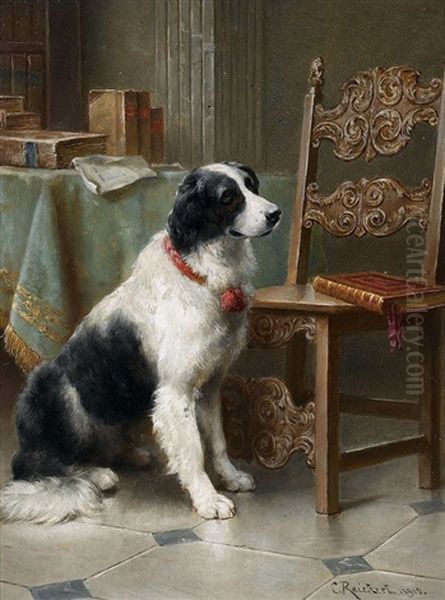 Interieur Mit Buchern Und Einem Hund Oil Painting by Carl Reichert