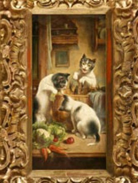 Spielende Katzen, Die Sich Fur Die Im Korb Befindlichen Hummern Interessieren Oil Painting by Carl Reichert