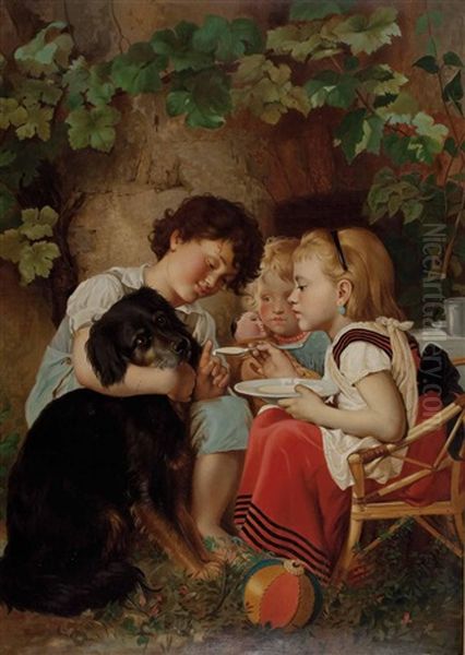 Drei Kinder Beim Hundefuttern Oil Painting by Carl Reichert