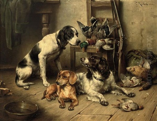 An English Pointer, A Dachshund And An English Springer Spaniel After The Hunt Oil Painting by Carl Reichert