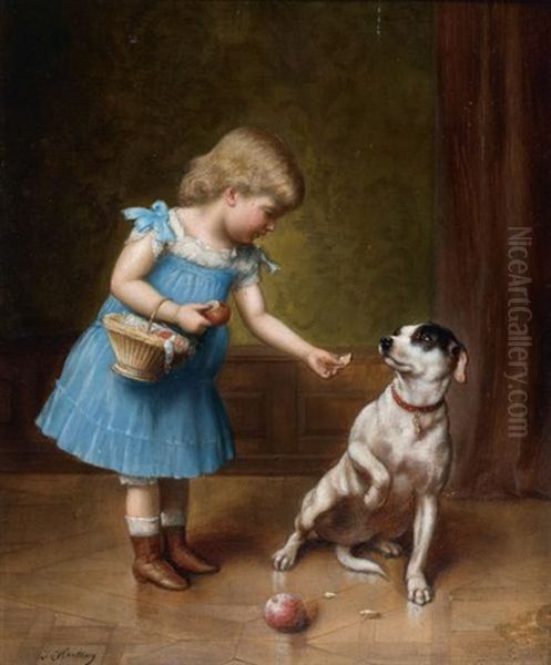 Genre Scene With Young Girl Feeding A Dog Oil Painting by Carl Reichert