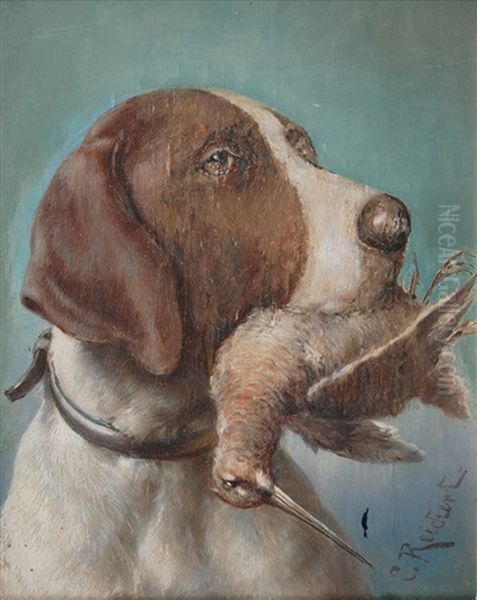 Shorthaired Pointer With Snipe Oil Painting by Carl Reichert