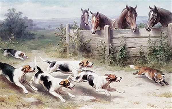 Fuchs Auf Der Flucht Vor Jagdhunden, Pferde Schauen Zu Oil Painting by Carl Reichert