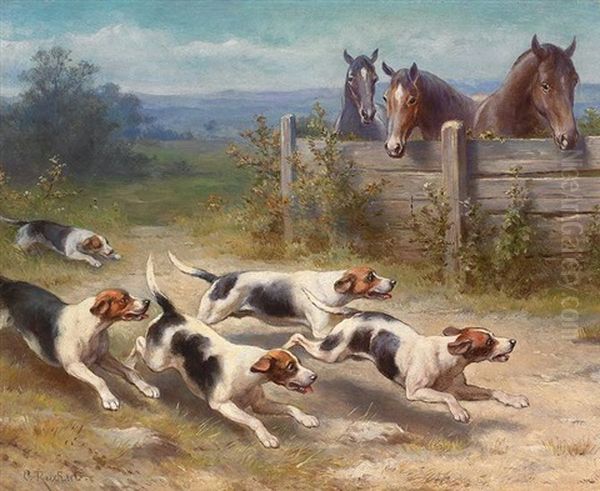 Jack-russell-meute Auf Der Jagd, Hinter Hag 3 Pferde Oil Painting by Carl Reichert