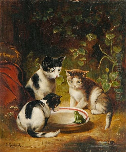 Drei Katzchen Beobachten Neugierig Einen Frosch Am Wassernapf Oil Painting by Carl Reichert