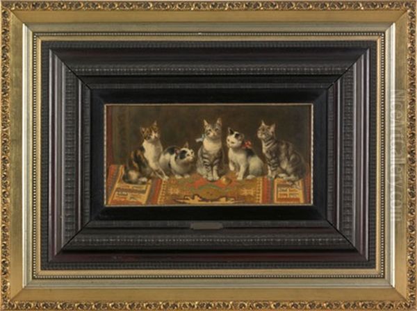 Five Cats On An Oriental Rug Oil Painting by Carl Reichert