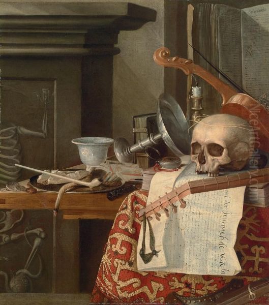 Vanitas: A Skull, A Violin, An Upturned Tazza, Books, Tarot Cards, A Fob Watch, A Clay Pipe, A Taper, And A Pouch Of Tobacco On A Pewter Plate, On A Wooden Table Draped With A Rug Oil Painting by Sebastiaen Bonnecroy