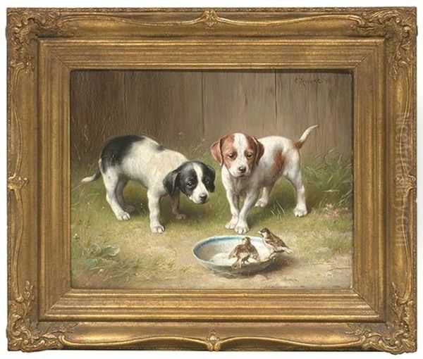 Zwei Junge Hunde Beobachten Finken An Einem Vogelbad Oil Painting by Carl Reichert