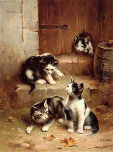 Vier Neugierige Katzenkinder Oil Painting by Carl Reichert