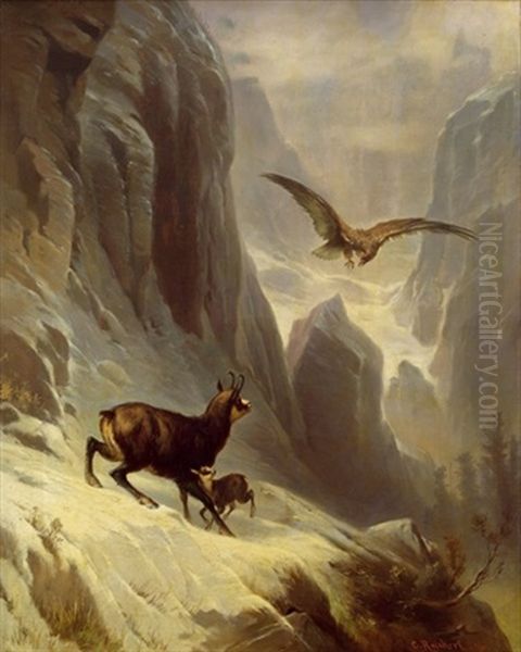 Zwei Gemsen, Von Einem Adler Bedroht Oil Painting by Carl Reichert