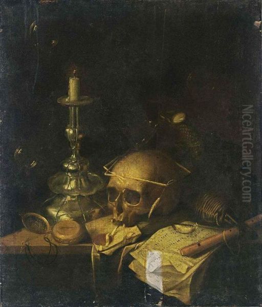 A Vanitas Still Life With A Skull, A Watch, A Candlestick, A Letter, A Music Score, A Flute And A Bottle, Together With Bubbles, All On A Wooden Ledge Oil Painting by Sebastiaen Bonnecroy