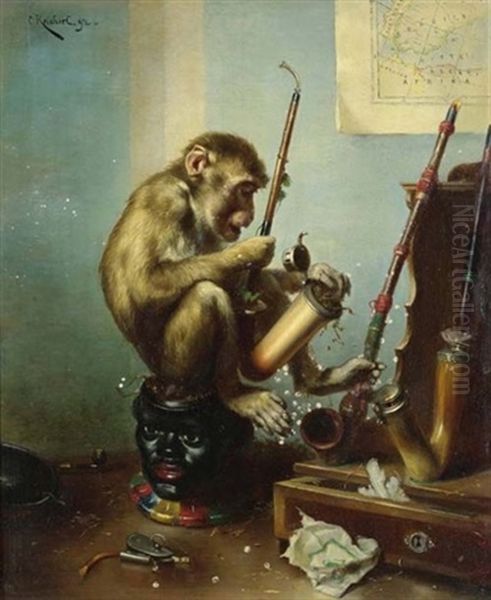 Affe Beim Pfeife Stopfen Oil Painting by Carl Reichert