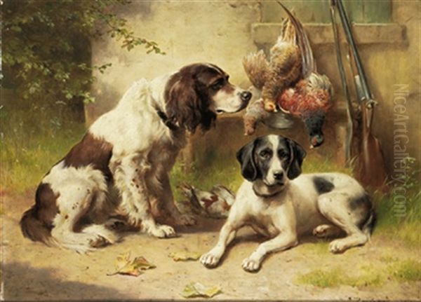 Jagdhunde Bewachen Erlegte Fasane Oil Painting by Carl Reichert