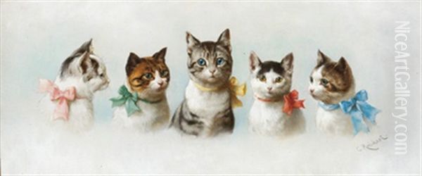 Funf Katzen Mit Bunten Maschen Oil Painting by Carl Reichert