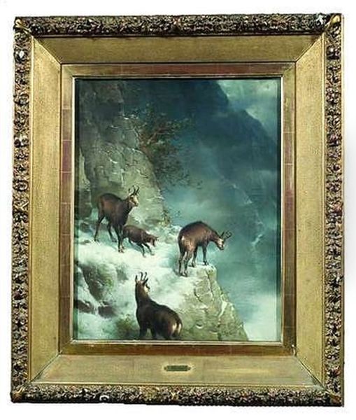 Gemsen Im Winterlichen Hochgebirge Oil Painting by Carl Reichert