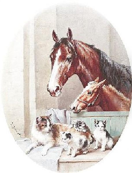 Katze Mit Ihren Jungen Und Stute Mit Fohlen Im Stall Oil Painting by Carl Reichert