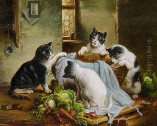 Neugierige Katzchen Bei Einem Gemusekorb Oil Painting by Carl Reichert