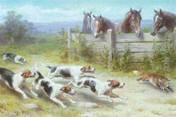 Hundemeute Bei Der Fuchsjagd Nahe Einer Pferdekoppel Oil Painting by Carl Reichert