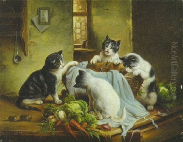 Neugierige Katzchen Bei Einem Gemusekorb Oil Painting by Carl Reichert