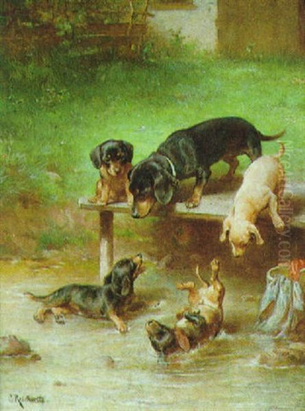 Spielende Dackelfamilie Oil Painting by Carl Reichert