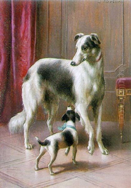 A Borzoi And A Terrier Puppy Oil Painting by Carl Reichert