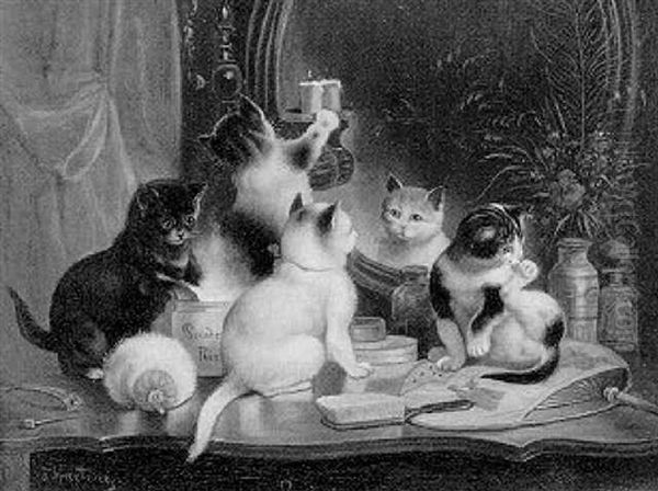 Junge Katzen Spielen Mit Einem Korb Oil Painting by Carl Reichert