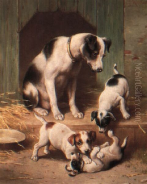 Puppies At Play Oil Painting by Carl Reichert