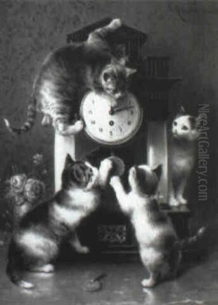 Cats Playing With Time Oil Painting by Carl Reichert