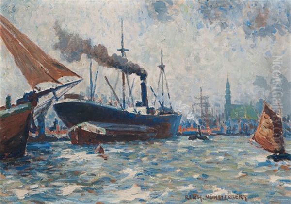 In The Port Of Hamburg Oil Painting by Eugen Reich-Muensterberg