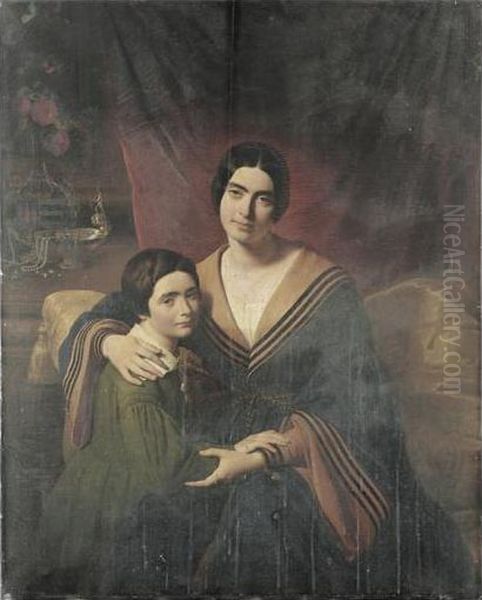 Portrait De La Comtesse Leopold De Ruolz-montchal Et De Son Fils Octave Oil Painting by Claude Bonnefond