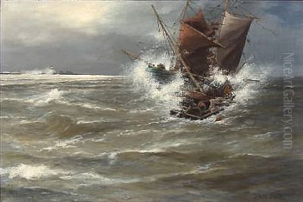 Collision Between Two Sailing Ships In Rough Sea by Alexander Reich-Staffelstein