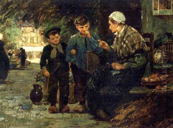 Figures At A Market Oil Painting by Flora MacDonald Reid