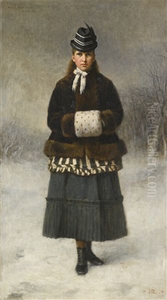 Portrait Of Mabel Mary Field, Aged 13, Standing Full-length, In A Brown Fur Jacket Oil Painting by George Reid