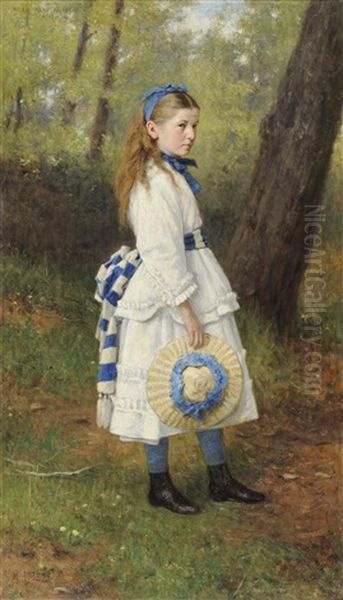 Portrait Of A Young Girl, Standing In A Sunlit Glade, Wearing A Cream Dress With Blue And White Ribbons, Holding A Bonnet In Her Right Hand Oil Painting by George Reid