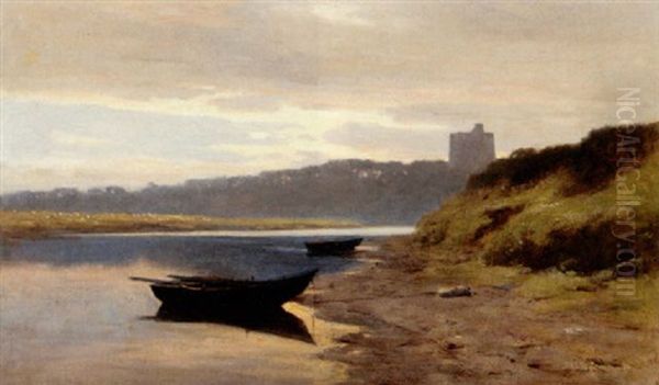 A Quiet River Bed, Norham Castle Oil Painting by George Reid