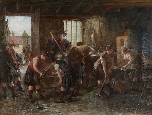 On The Road To Derby, Sharpening Swords Oil Painting by George Ogilvy Reid