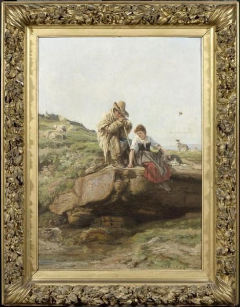 Shepherd And Maidservant In A Coastal Landscape Oil Painting by Henri-Arthur Bonnefoy