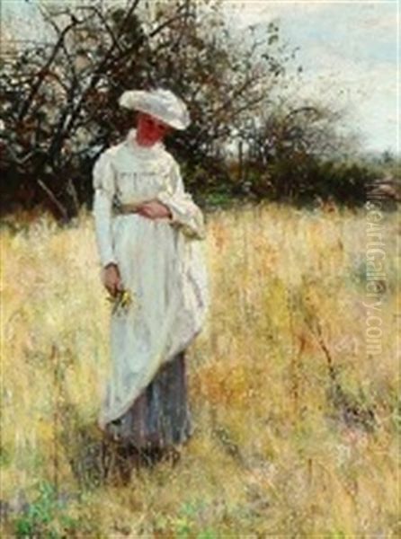 Young Girl Picking Flowers In The Meadow Oil Painting by John Robertson Reid