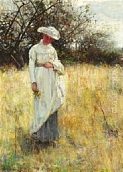 Young Girl Picking Flowers In The Meadow Oil Painting by John Robertson Reid