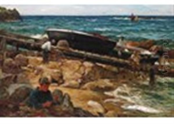 Fishermen And Boys By A Slipway Oil Painting by John Robertson Reid