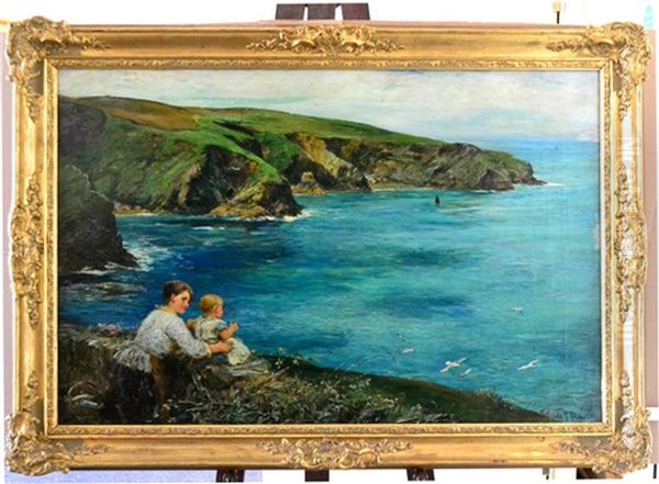 Mother And Child Seated On Headland Looking Out To Sea Oil Painting by John Robertson Reid