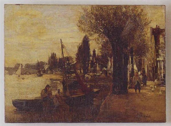 Harbor Scene Depicting People Walking Past Buildings, Sailboats And Bridge In The Background Oil Painting by John Robertson Reid